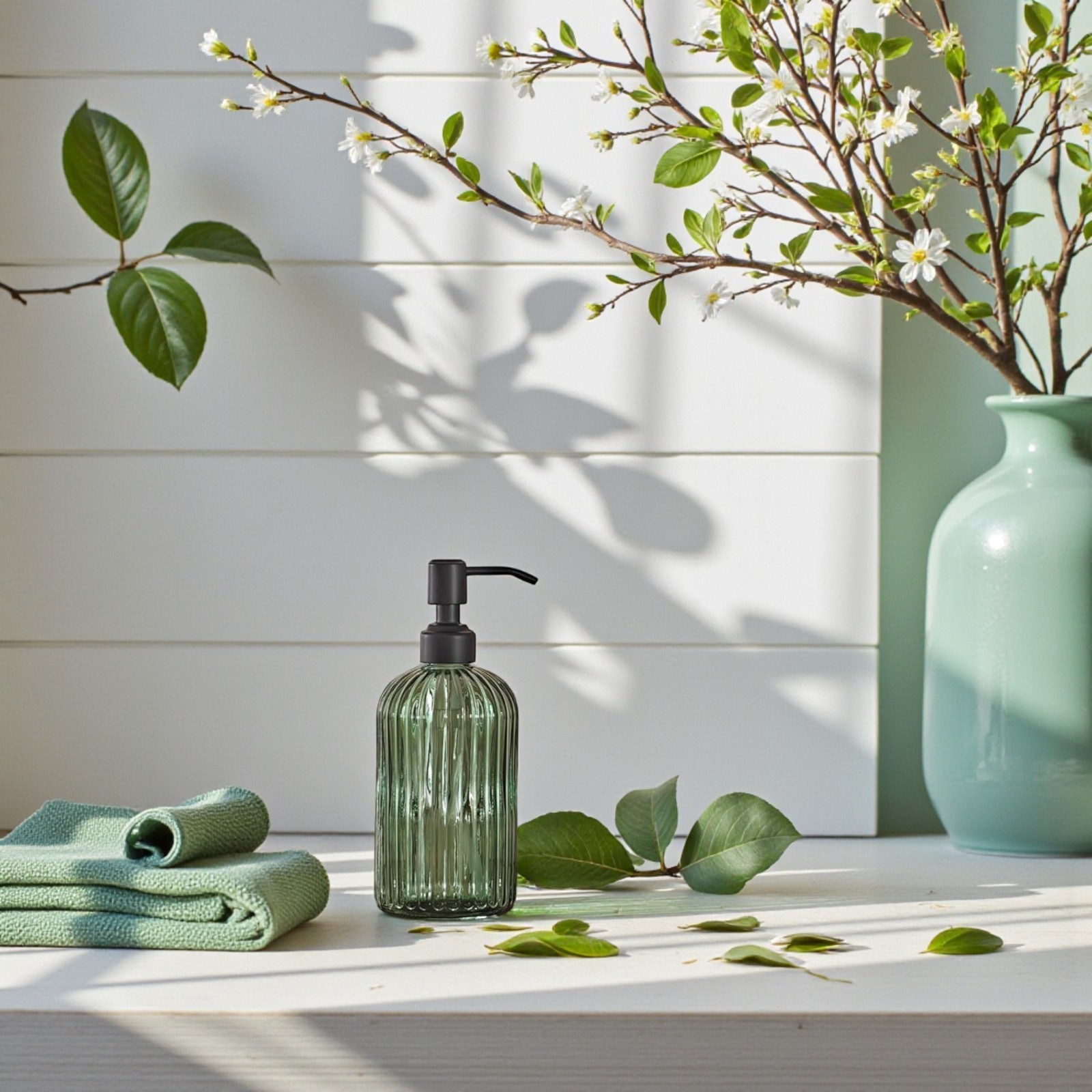 JASAI 18Oz Green Glass Soap Dispenser with Gold Rust Proof Pump, Refillable Kitc