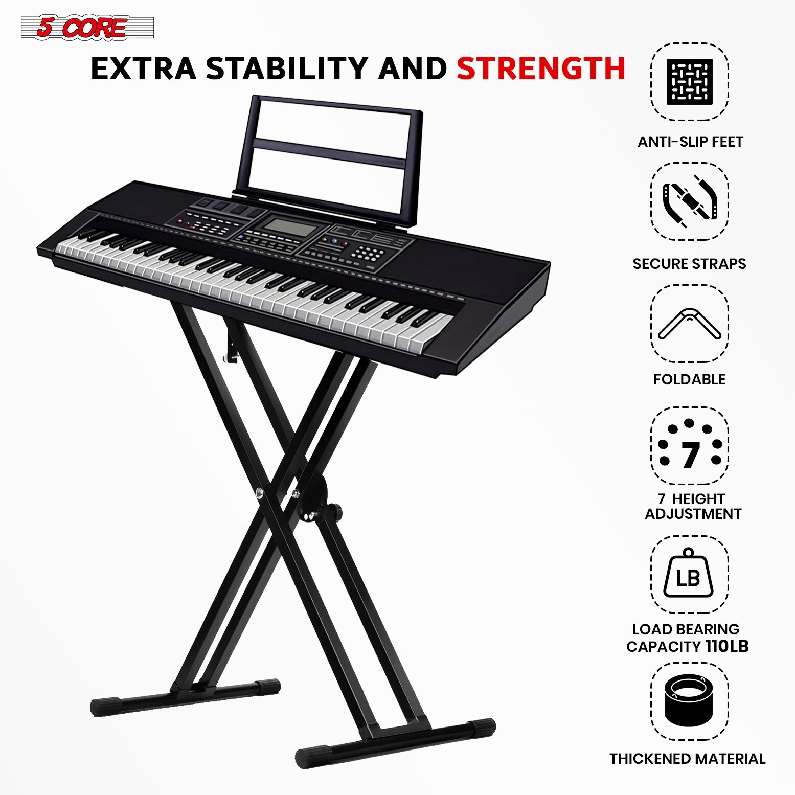 5 Core Keyboard Stand Dual X Shape Adjustable Foldable Key Board Pianos Stands