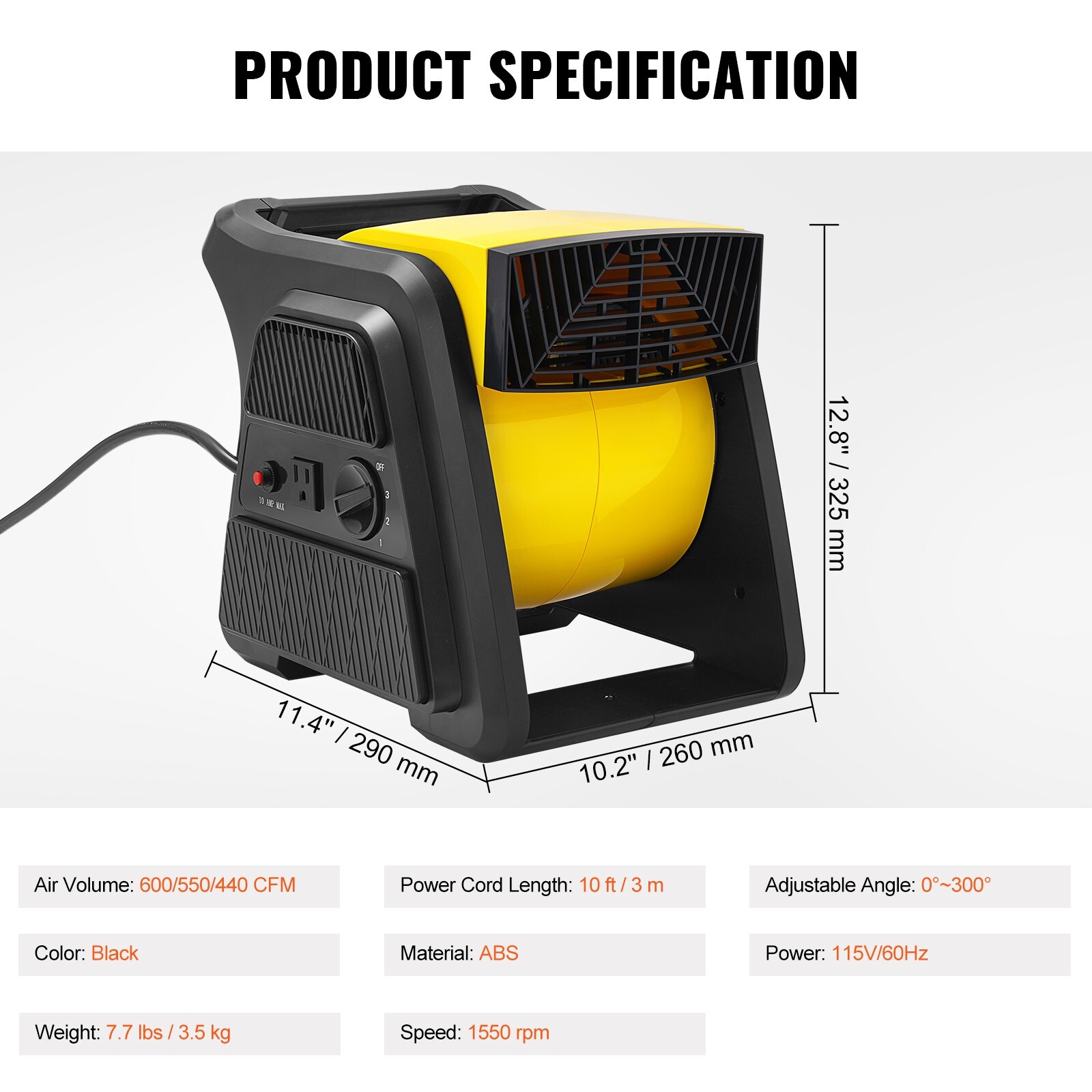 Pivoting Utility Fan Floor Blower Fan 3-Speed High Velocity 600 CFM Home