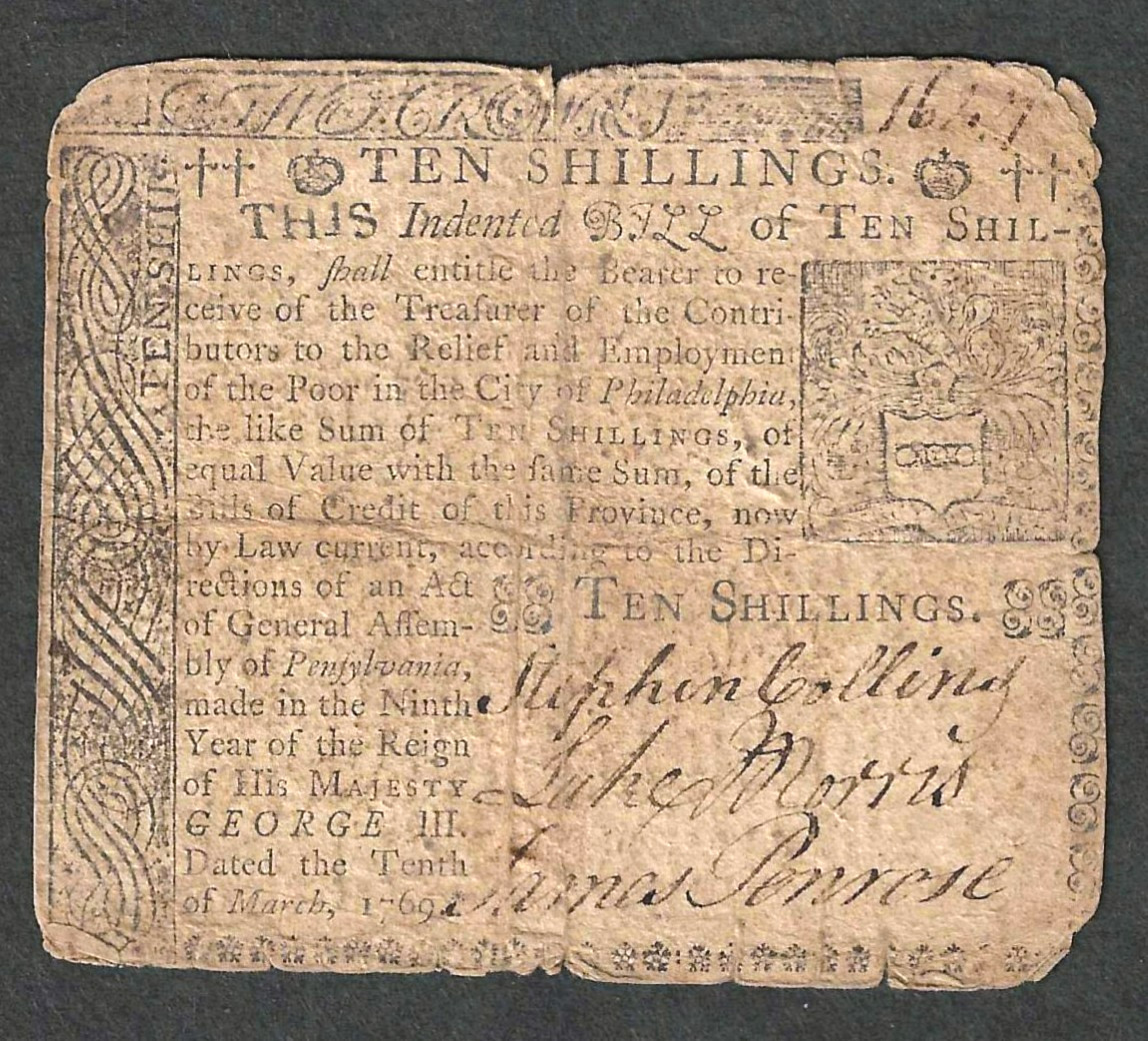 1769 PENNSYLVANIA COLONIAL 10 SHILLINGS ~ PA-143 ~ BETTERING HOUSE MONEY ~ RARE