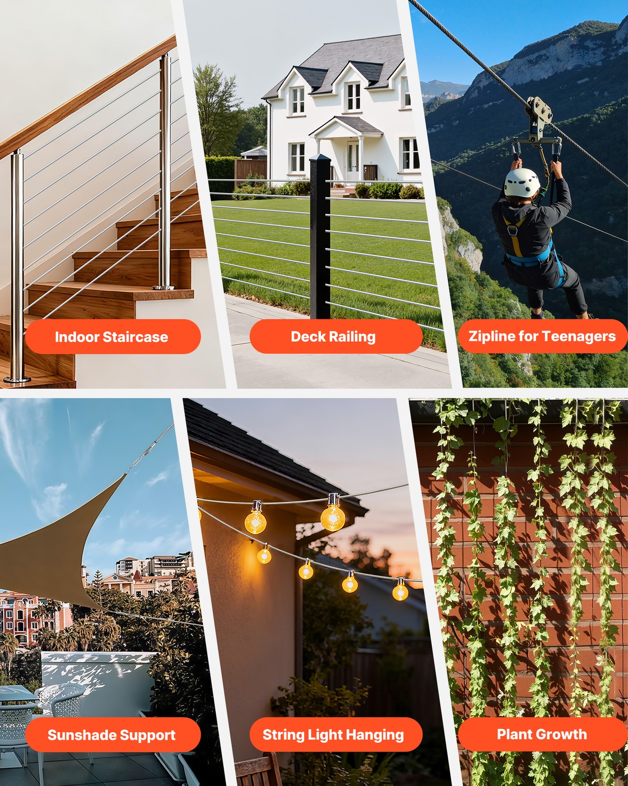 VEVOR Galvanized Carbon Steel Cable 1/4 in 7 x 19 Wire Rope 250 ft Cable Railing