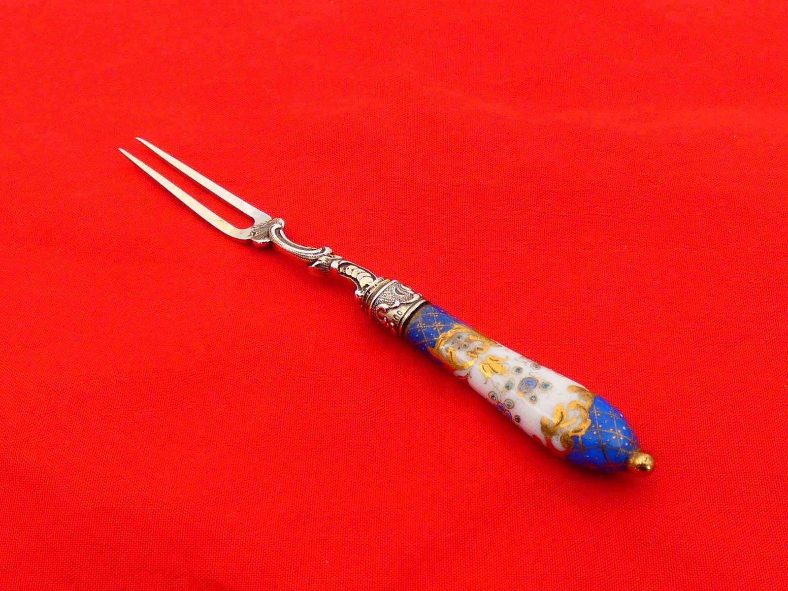 Antique Germany Silver & Painted Porcelain Cheese Pick TD-11