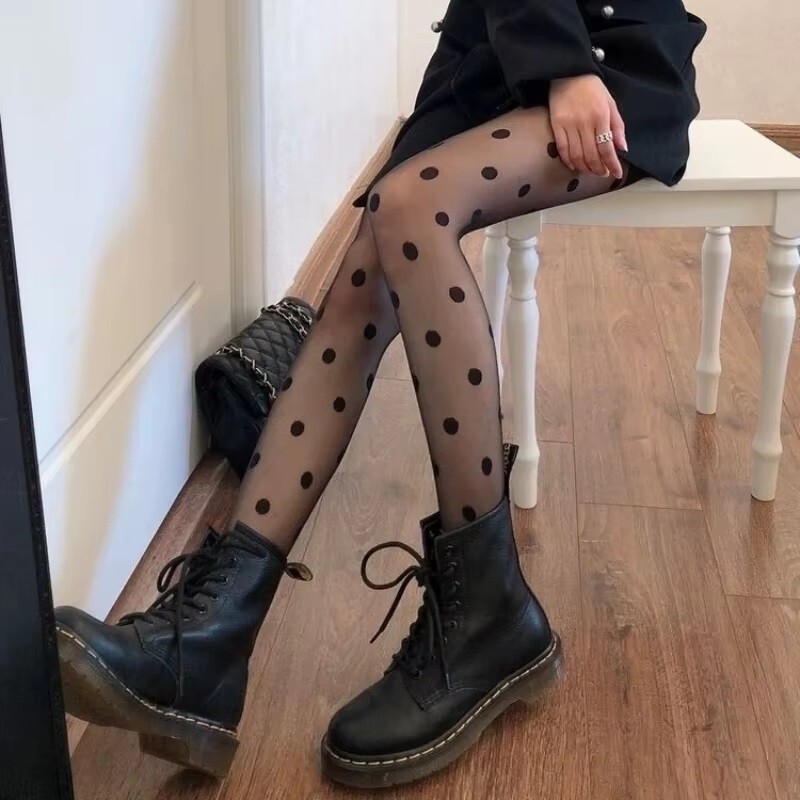 NEW LARGE POLKA DOT PRINT PANTYHOSE SHAPED STOCKINGS TIGHTS BLACK THIN SHEER