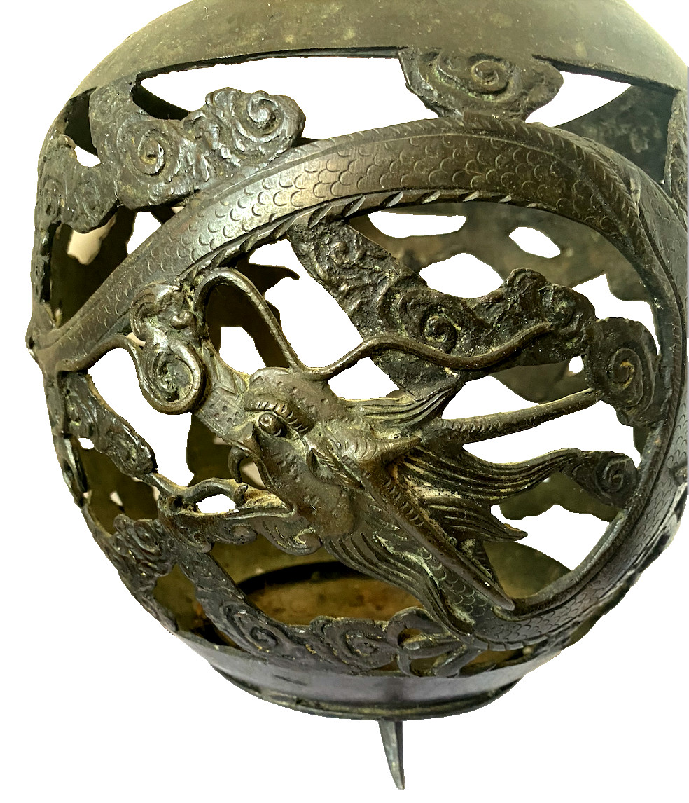 Antique Chinese Qing Dynasty Openwork Bronze with Dragon & Clouds 9” 4lbs c.1900
