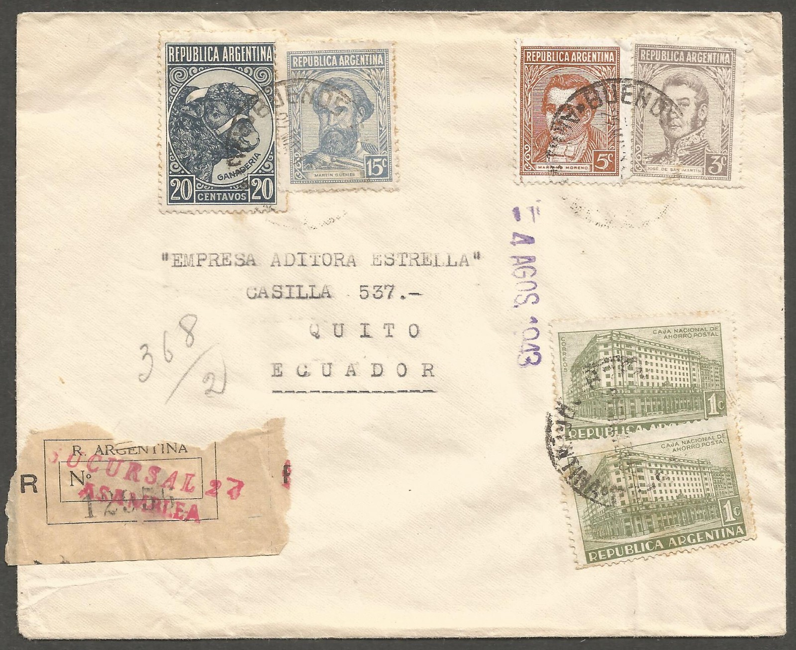 ARGENTINA 1943 Registered Cover Buenos Aires to Ecuador