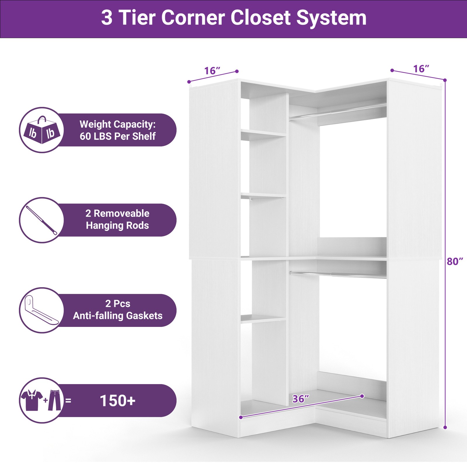80'' L-Shape Corner Closet System Organizer with 2 Hang Rod & 2 Rods & 8 Shelves