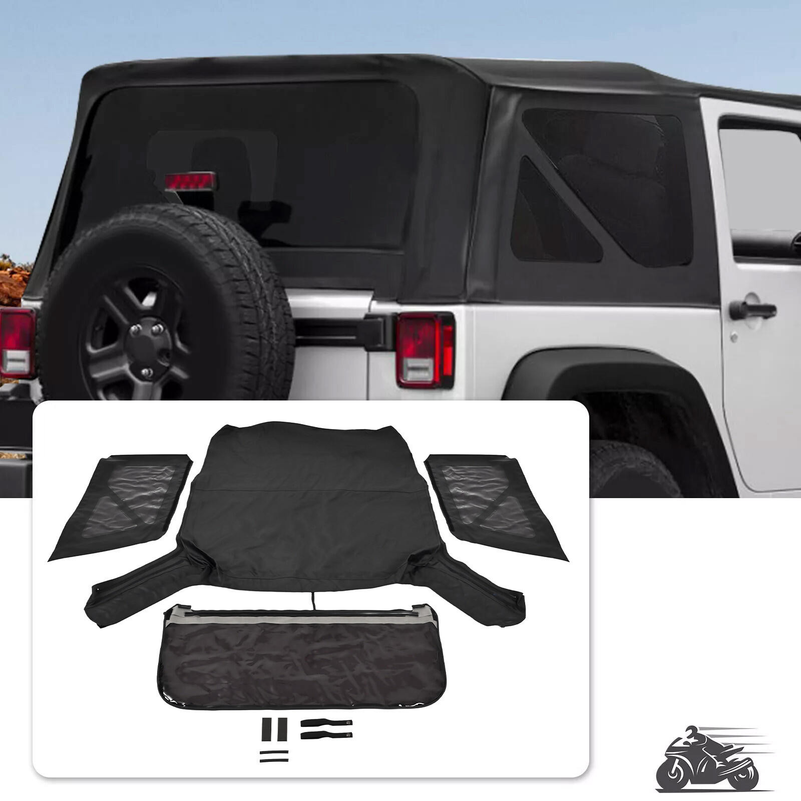 For Jeep Wrangler JK 2 Door 2007-2018 Soft Top + Tinted Zippered Rear Windows