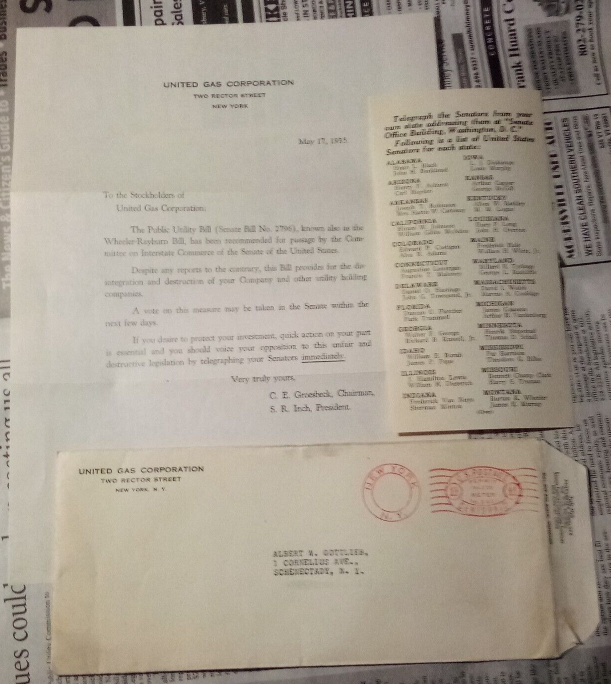 1935 - United Gas Corporation Letter + Ephemera
