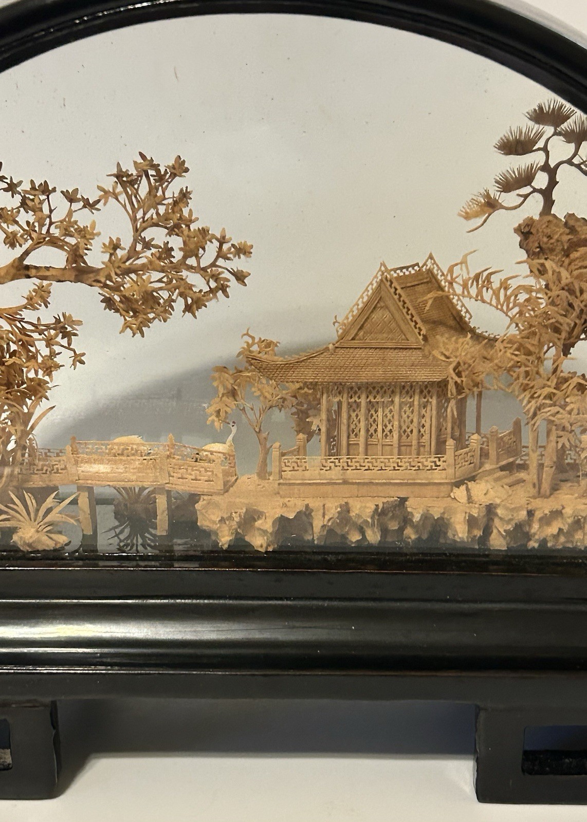 Vintage Chinese Cork Diorama Scenic Art in Glass Frame, Fujian China