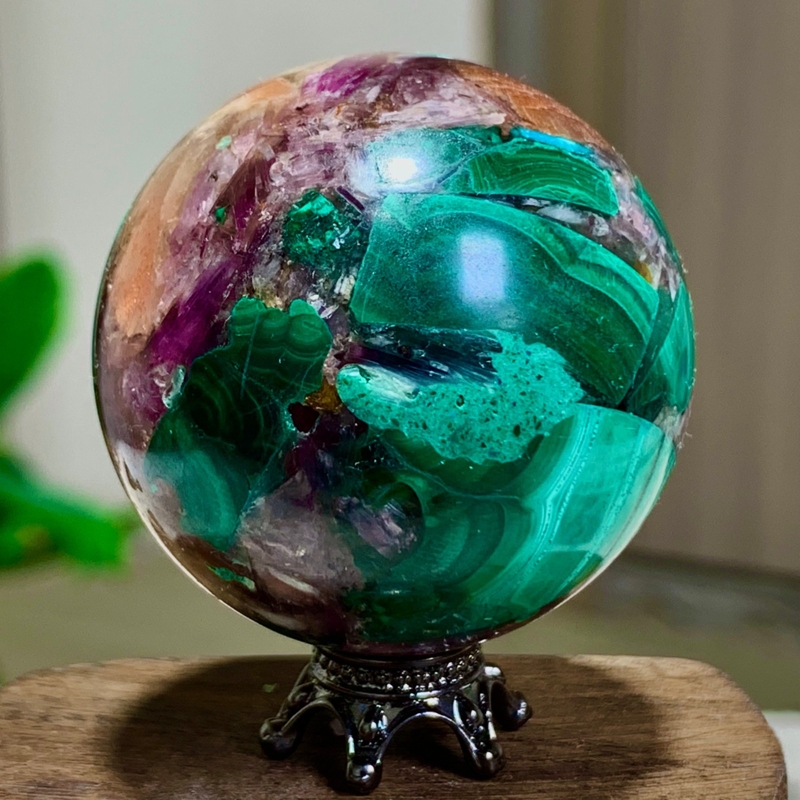 77G Newly discovered rare malachite purple mica symbiotic sphere restoration