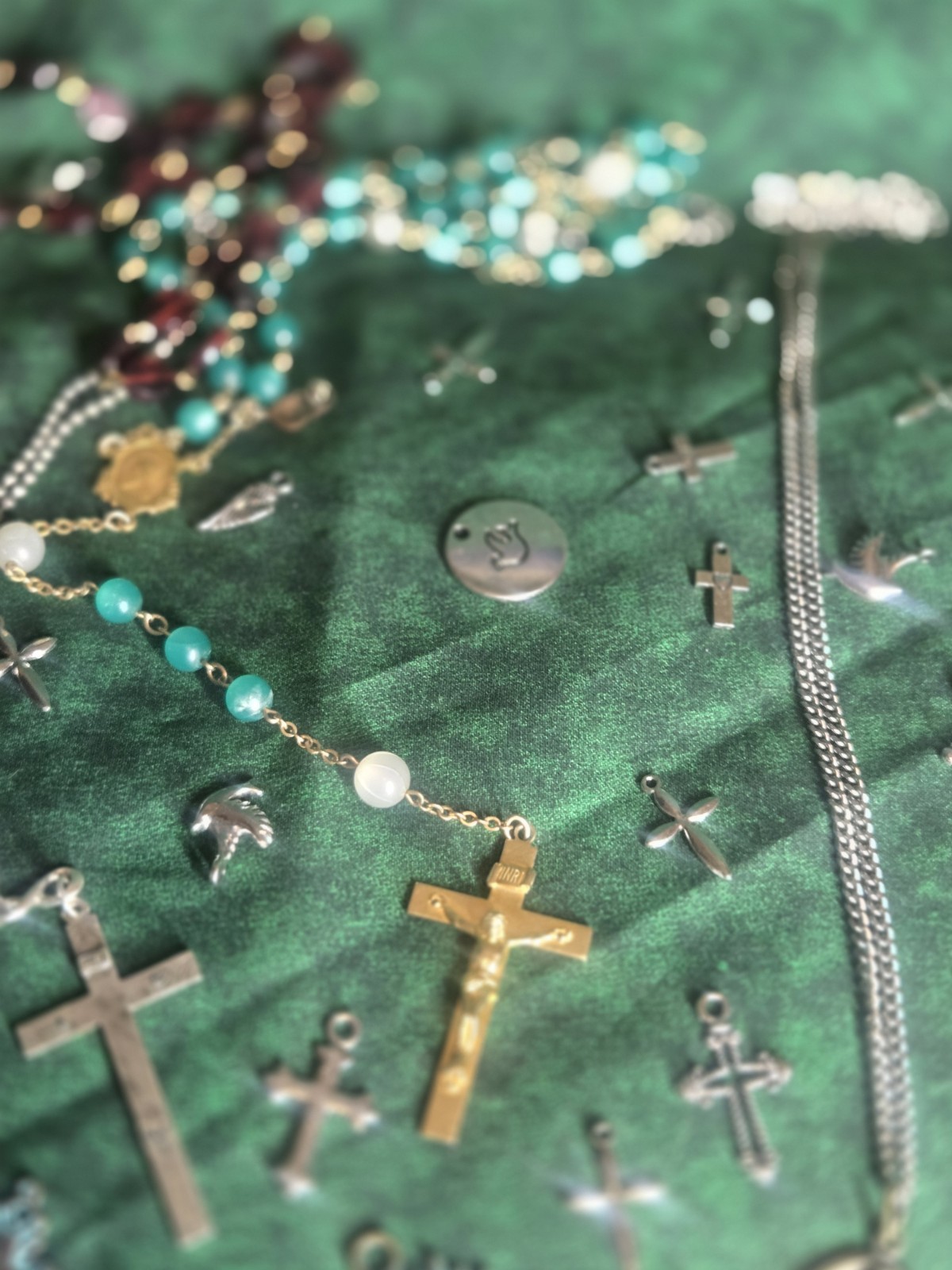 Huge Lot of Cross Necklaces, Pendants, Rosaries, Charms, 22k, sterling, hge.