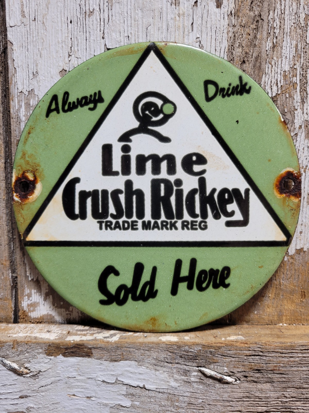 VINTAGE CRUSH PORCELAIN SIGN OLD LIME RICKEY SODA COLA POP BEVERAGE SOLD HERE
