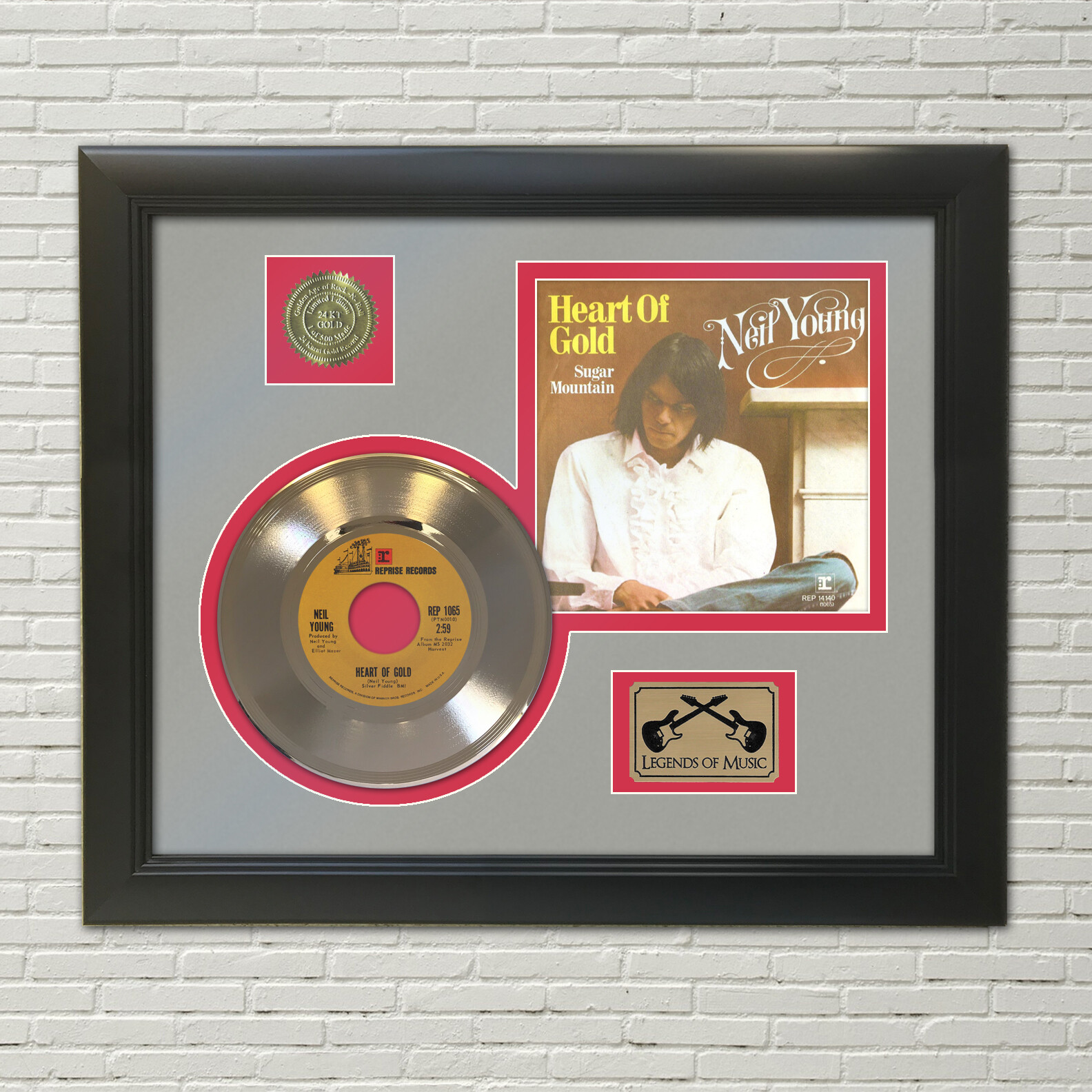 Neil Young Heart Of Gold Framed Picture Sleeve Gold 45 Record Display
