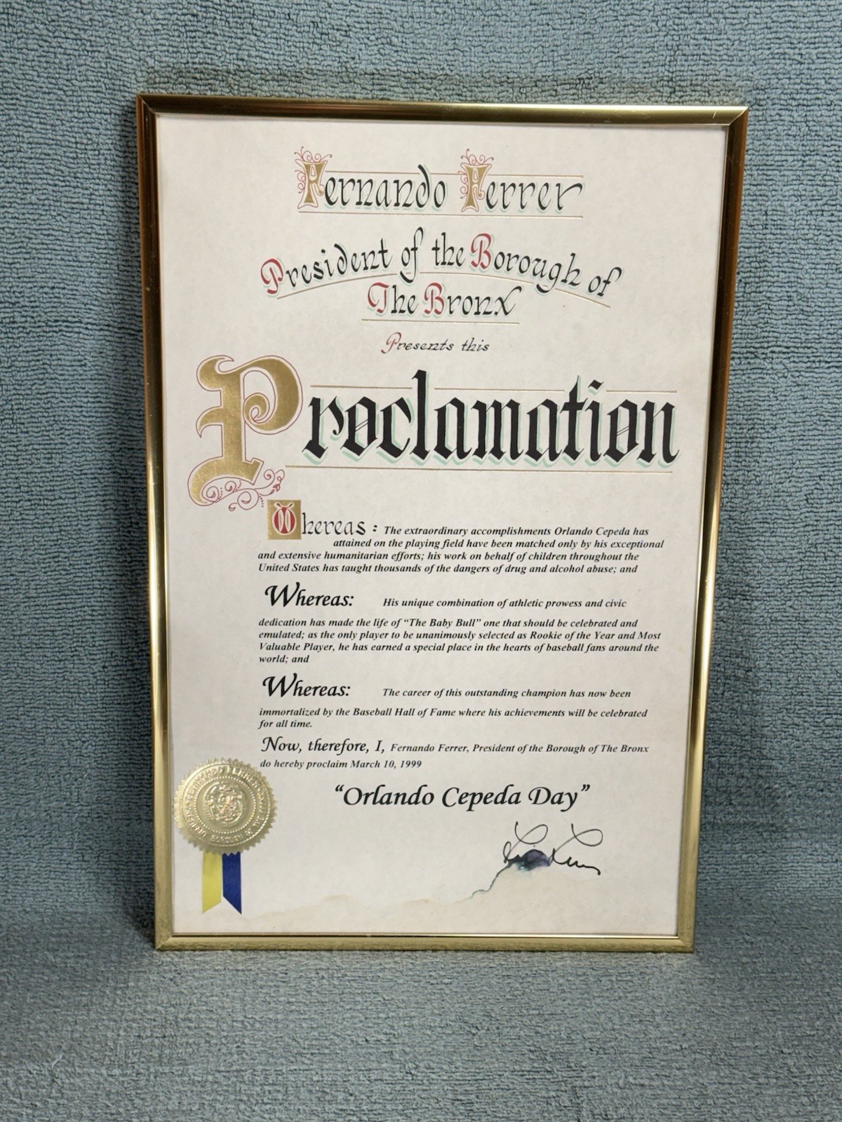 Orlando Cepeda Personally Owned Bronx Proclamation Hall of Fame Induction 1999