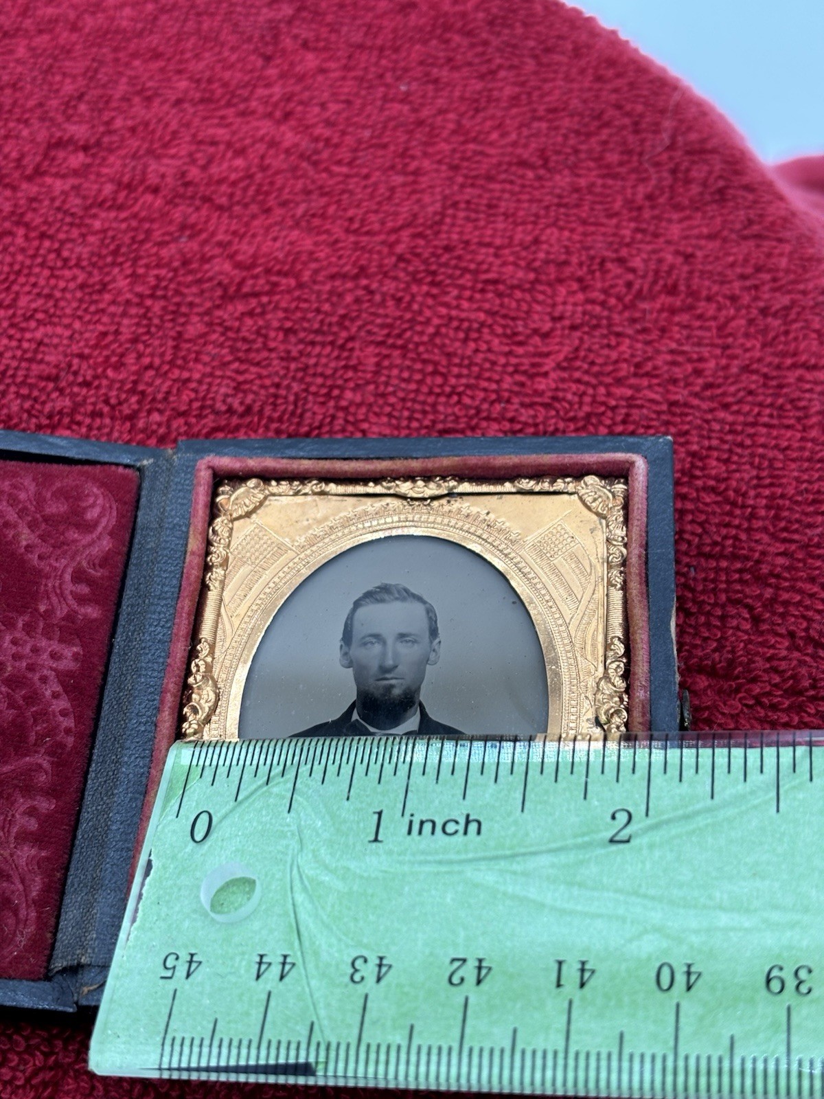 Antique Civil War Ambrotype Soldier “ The Union Now And Forever” Gold Frame Case