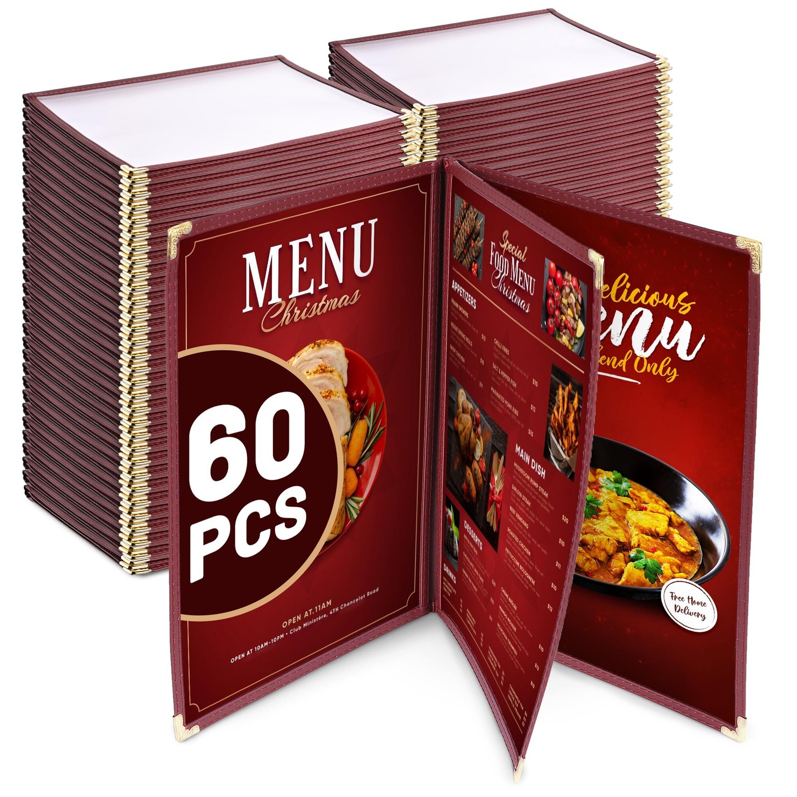WeChef 60 Pack Restaurant Menu Covers Burgundy 8.5x11" Book Style 3 Pages 6 View