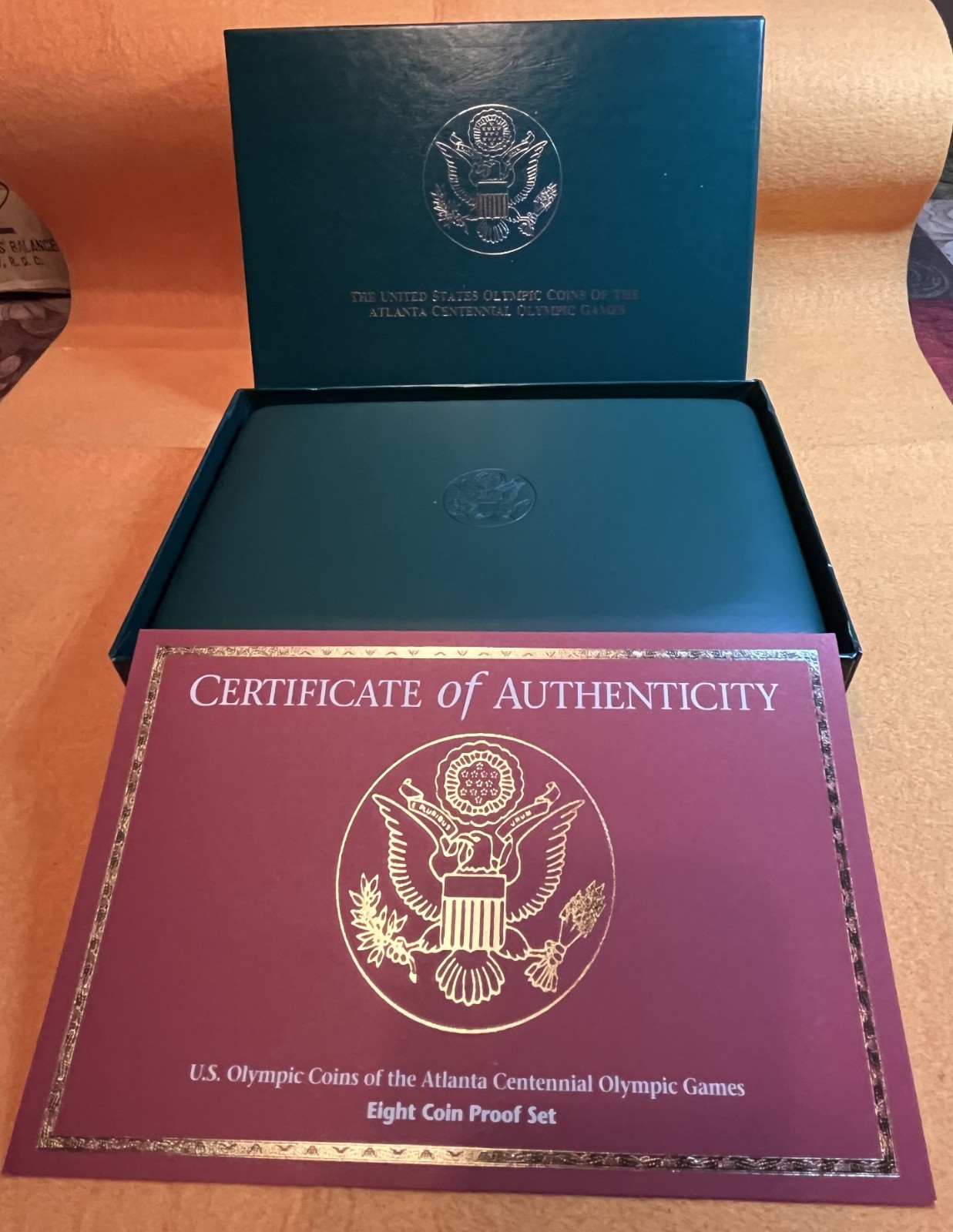 1996 US Olympic 8 Coin Box & COA - NO Coins - Holds 8 Silver Dollars