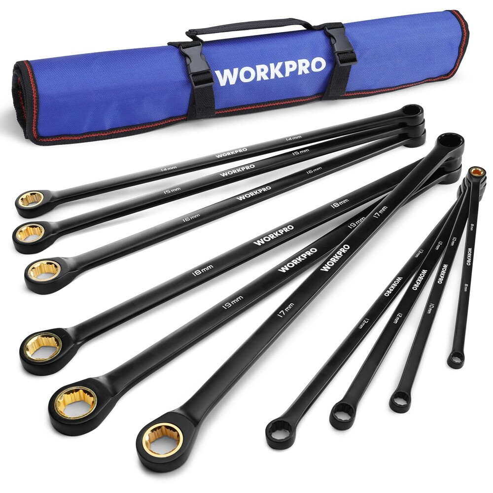 WORKPRO 10PC Extra Long Ratcheting Wrench Set Combination Metric 8-19mm 72-Teeth