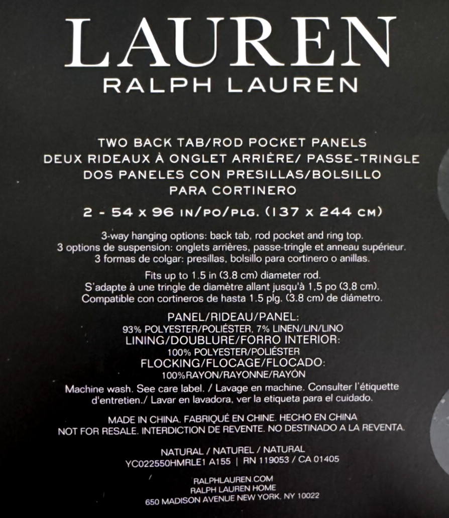 Ralph Lauren Window Curtains 2 Panels Blackout 54 x 96 Linen Blend Fully Lined