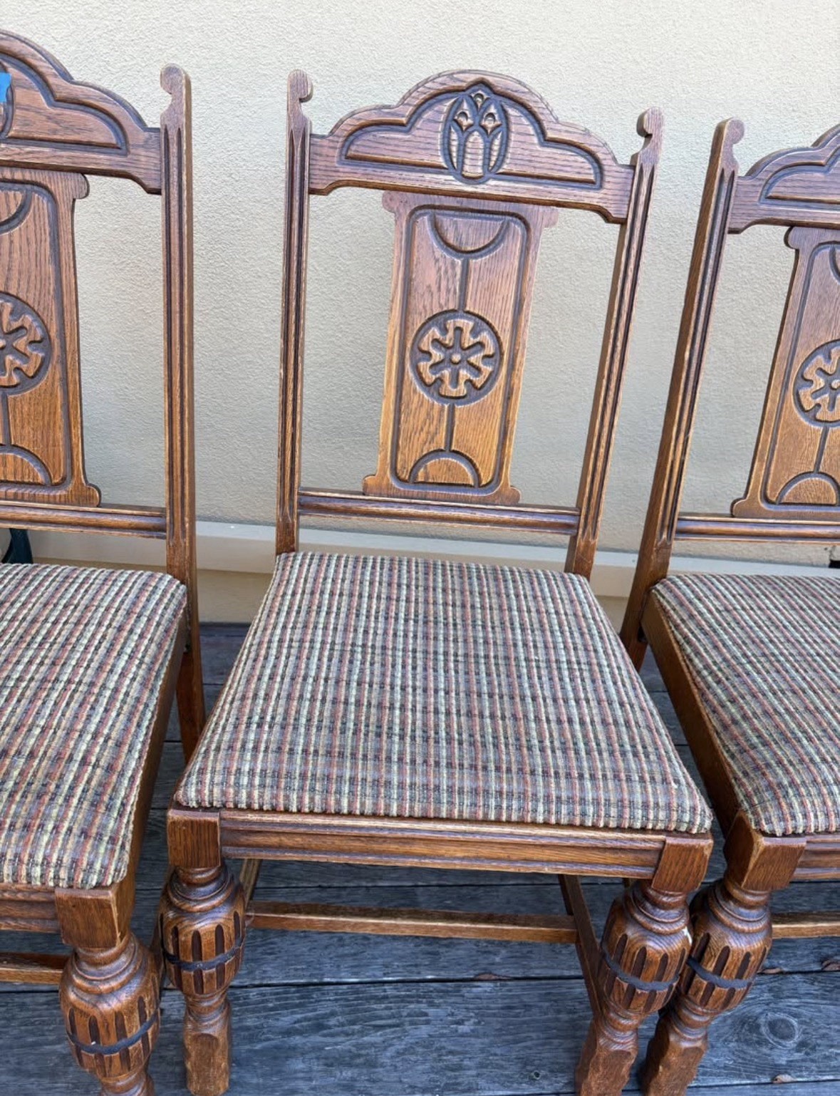 Vintage Wooden Upholstered Jacobean Dining Chairs Set Of 6
