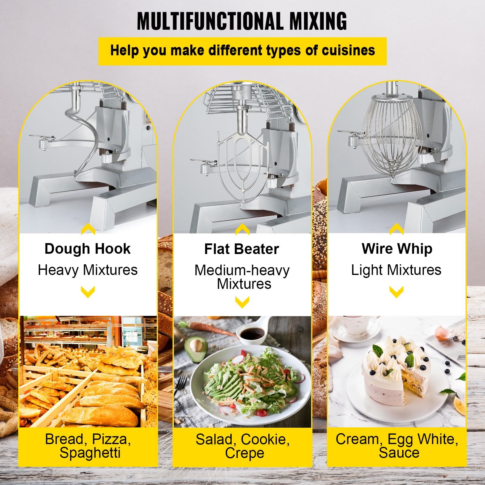 VEVOR Electric Food Stand Mixer Dough Mixer 3 in 1 10Qt Stainless Steel Bowl