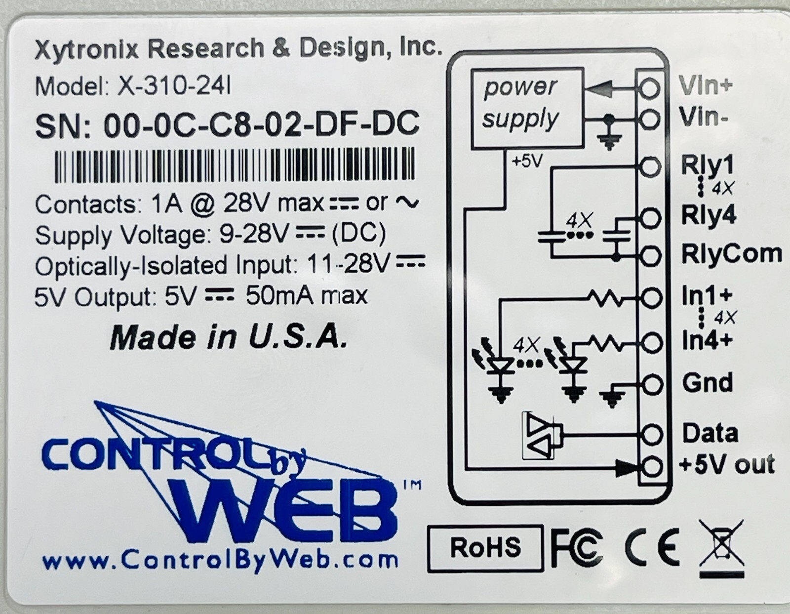 X-310-24I Web Relay,9-28VDC,4 Digital Inputs,4 Relays,4 Temperature Sensor Input