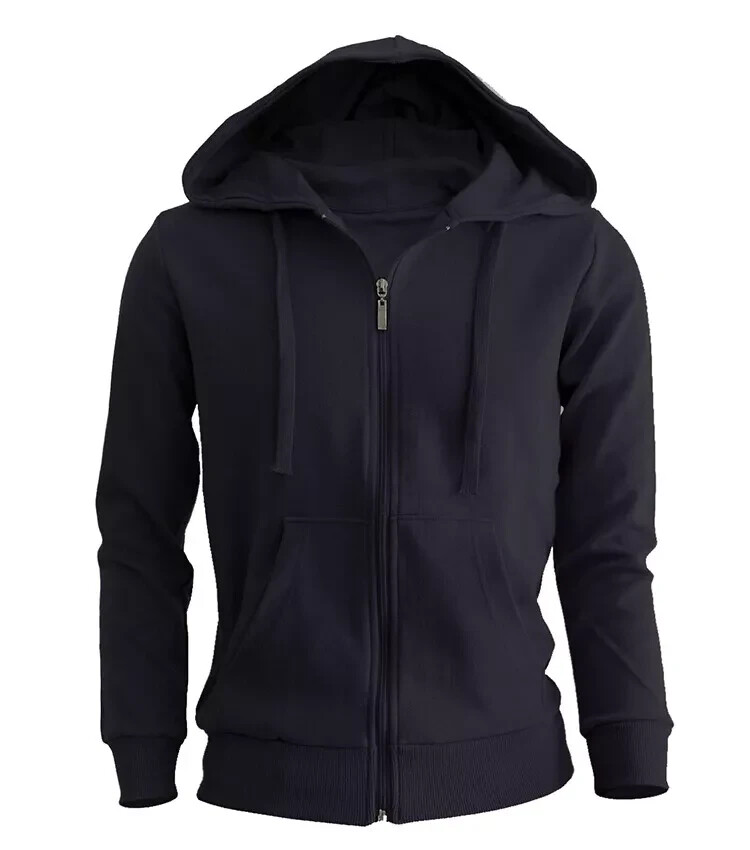 Black Hoodie Full Zip up Cotton Plain Hooded Fleece Warm Unisex Sweatshirt