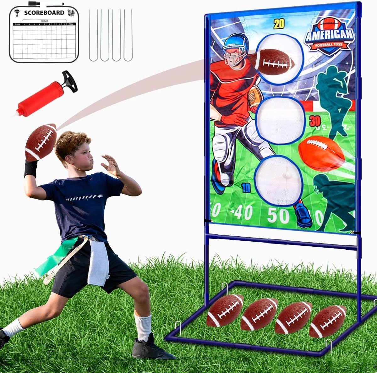 Football Toss Game with 4 Inflatable Balls, Football Throwing Target Games for B