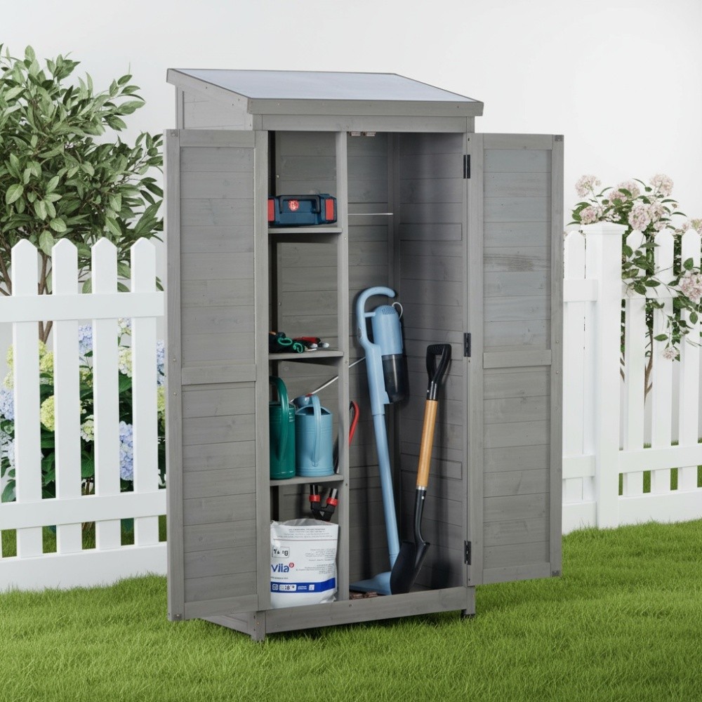 Outdoor Wooden Storage Shed W Metal Top Tall Vertical Tool Cabinet