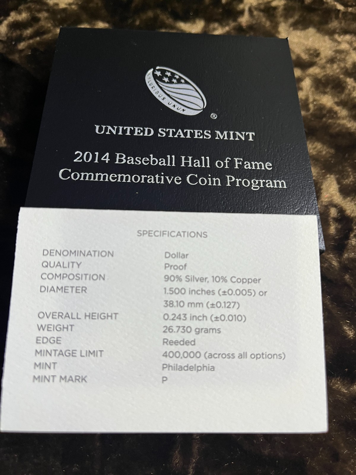 2014-P Baseball Hall of Fame Commemorative Proof Silver Dollar US Mint Box COA