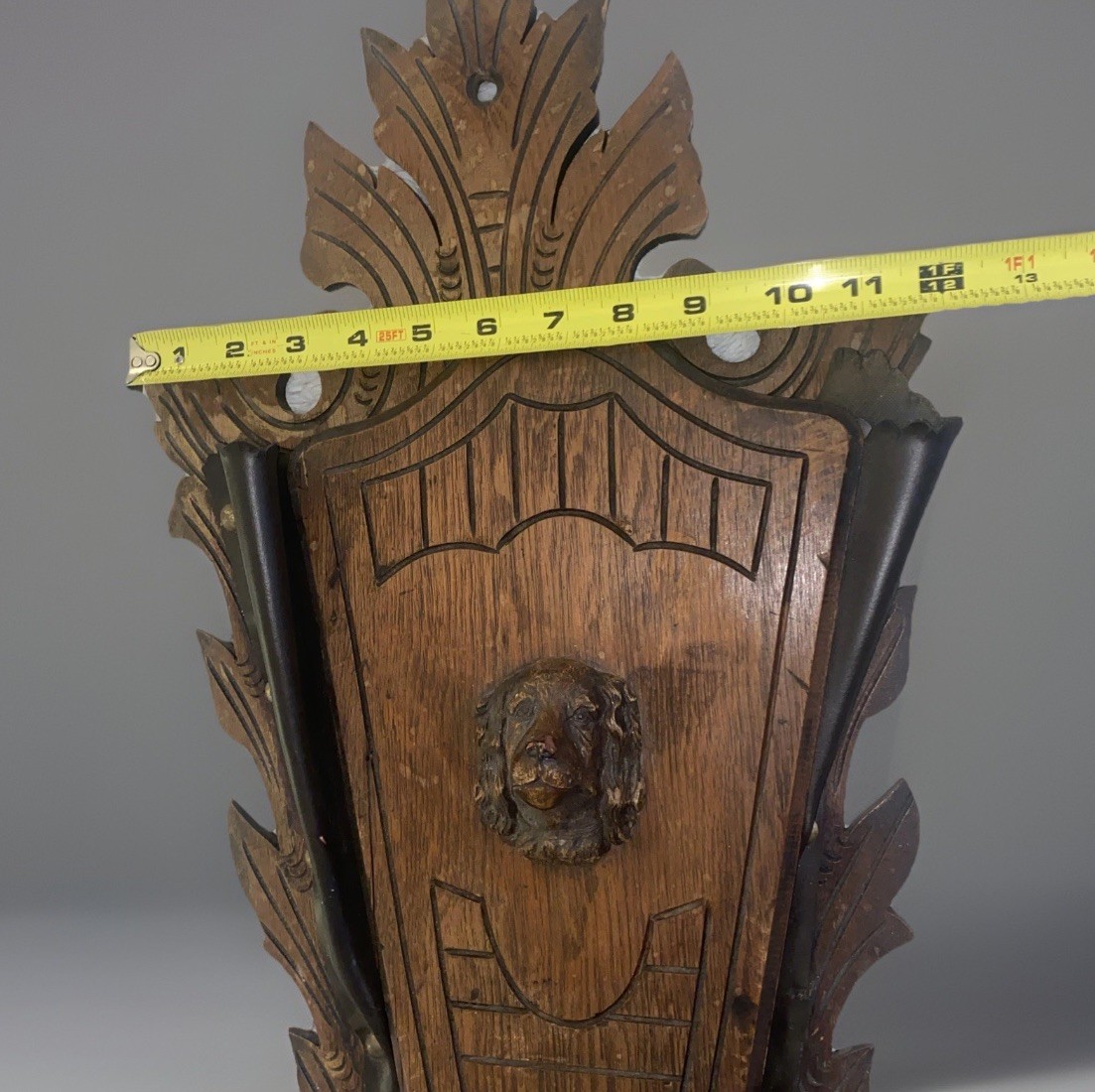 Antique Victorian Walnut Wall pocket Magazine Newspaper Rack Holder Spaniel Dog