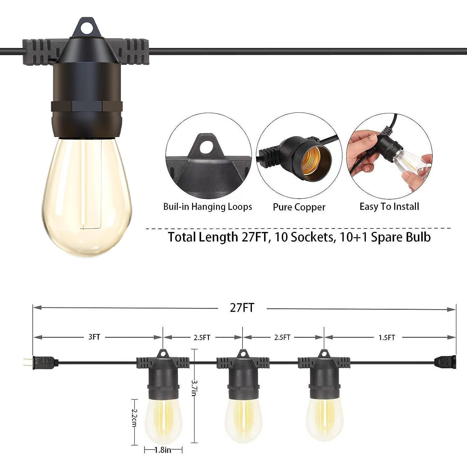 27ft String Lights S14 LED Warm Shatterproof IP65 for Outdoor Garden Patio Yard