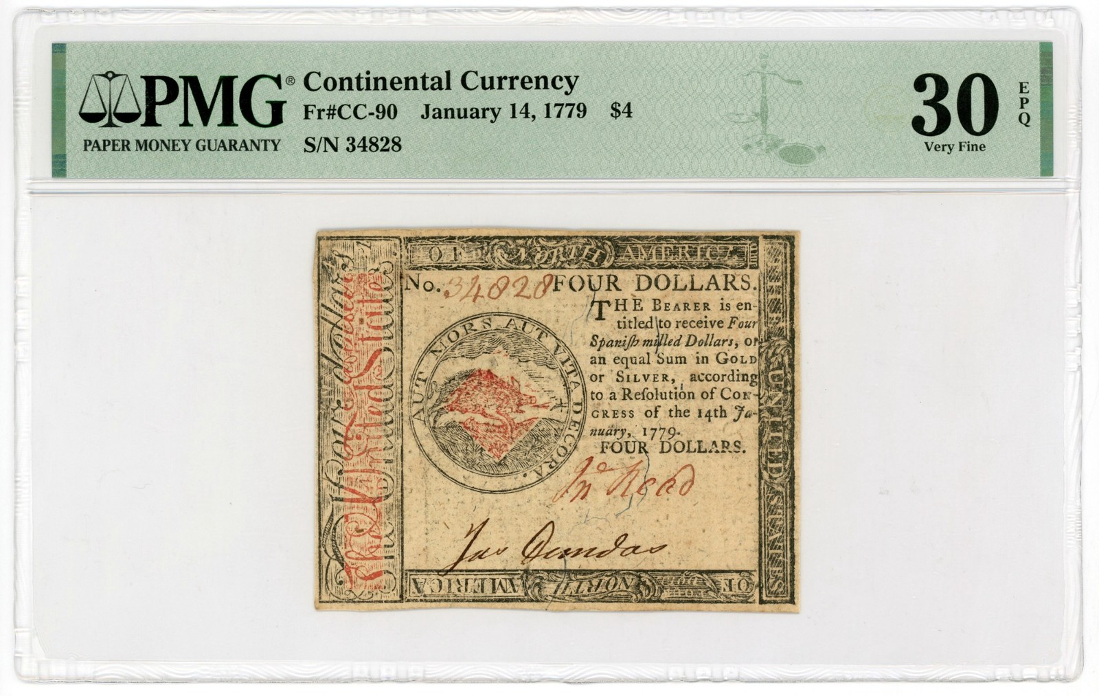 (CC-90) January 14, 1779 $4 Continental Currency Note - PMG VF 30 EPQ