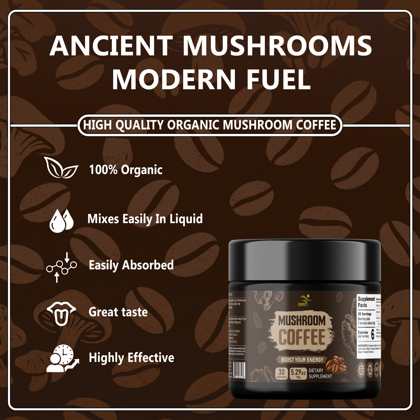 Organic Mushroom Coffee 9 Adaptogenic Mushroom 150g 30 Servings