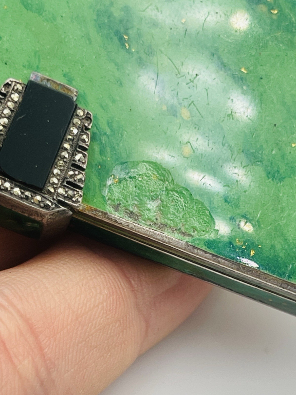 Antique Sterling Silver Green Enamel Rectangular Double Compartment Compact