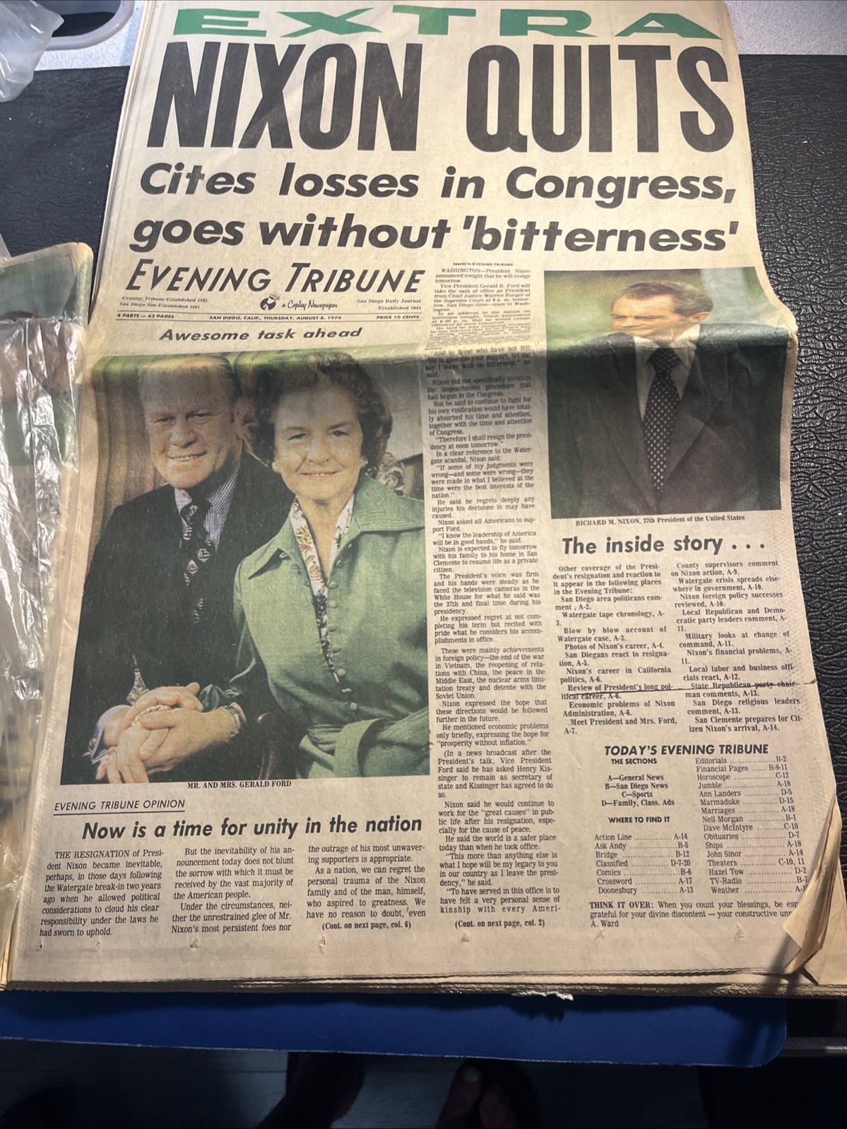 Lot of (2) President Richard Nixon Resignation Newspaper Evening Tribune SD