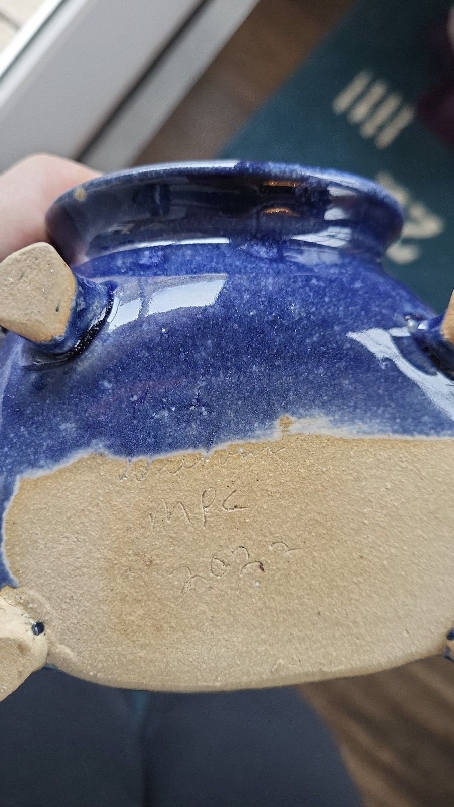 Handcrafted Cobalt Blue Glazed Ceramic Salt Pig or Cellar with Tripod Feet, Sign