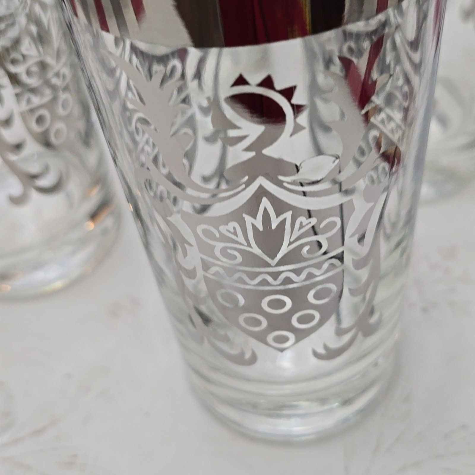 Vintage MCM Set Of 4 Kimiko Silver Knight Shield Highball Glasses Barware
