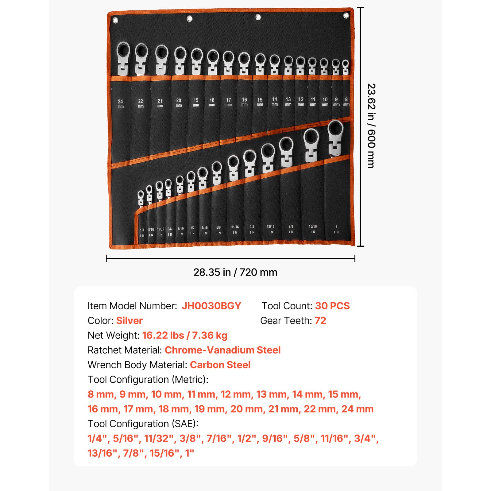 Uimoso 30-Piece Flex-Head Ratcheting Combination Wrench Set, SAE & Metric