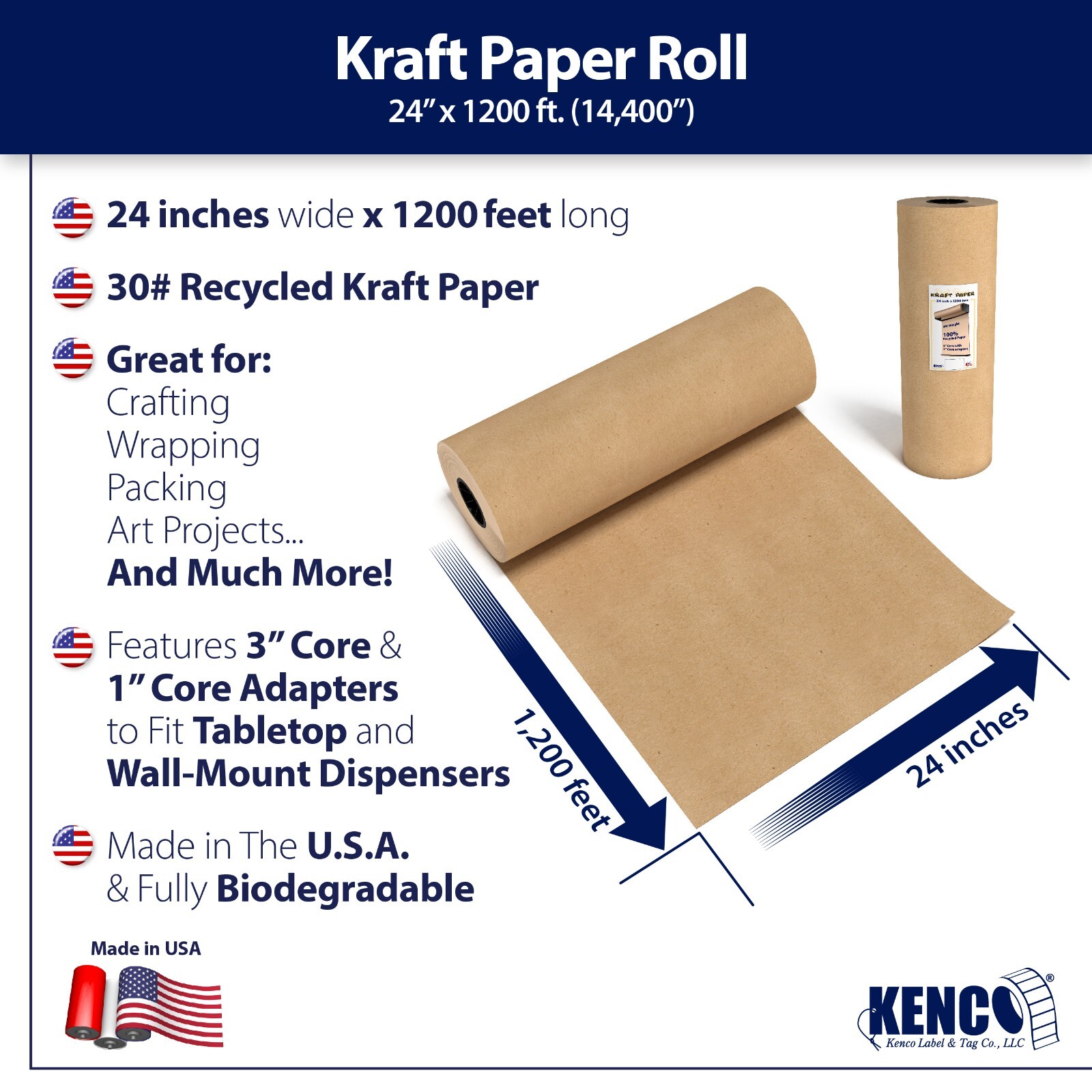 Large Brown Kraft Paper Roll - 24" In x 1200' Ft Long - Crafts, Packing Shipping