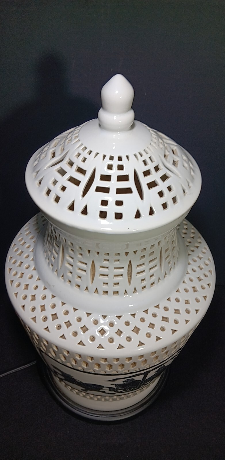 Vintage Blanc de Chine Pierced Reticulated Lamp Chariot Motif