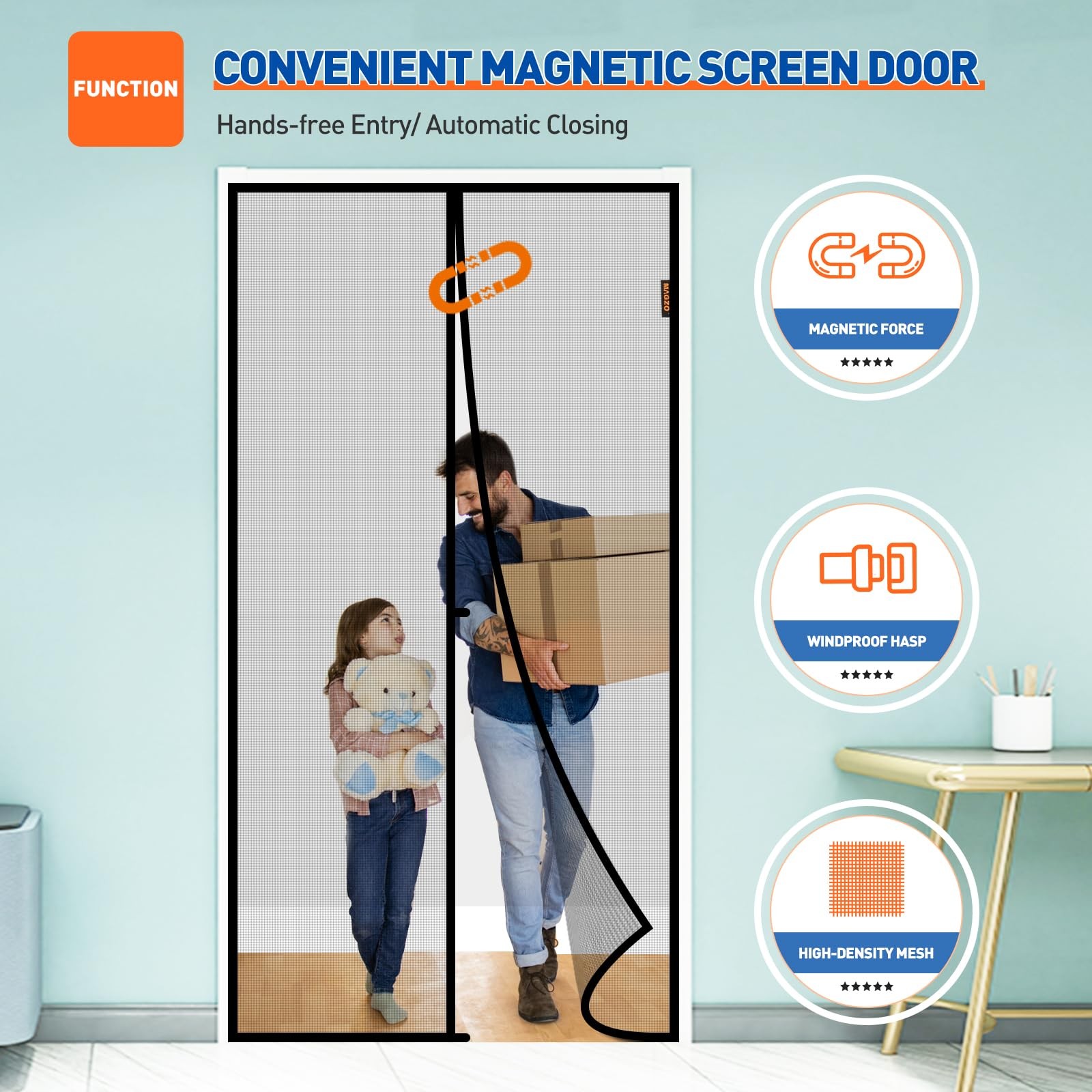 Magnetic Screen Door Fit Door Size 30 x 80 Inch, Screen Size 32" x 81" Strong...