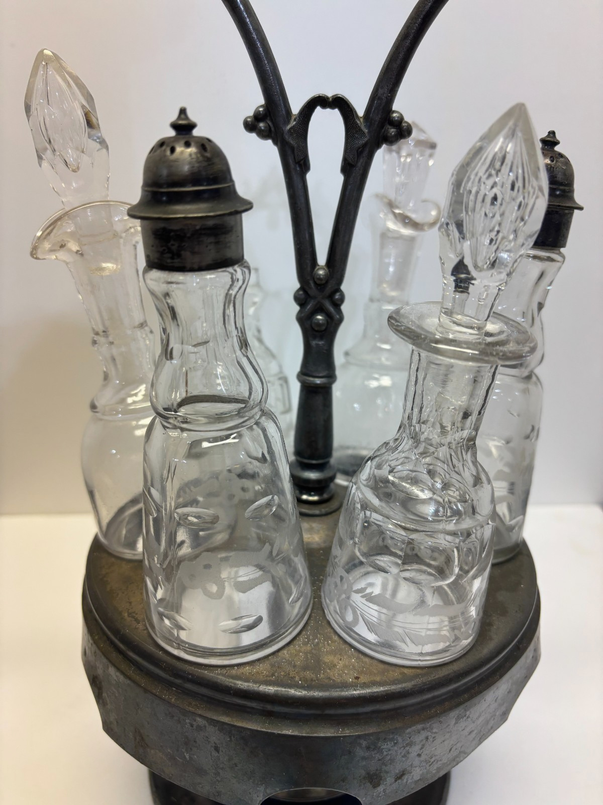 Antq. 1861 SIMPSON HALL MILLER, Treble Pl Silver 7 pc CRUET CONDIMENT Caddy Set