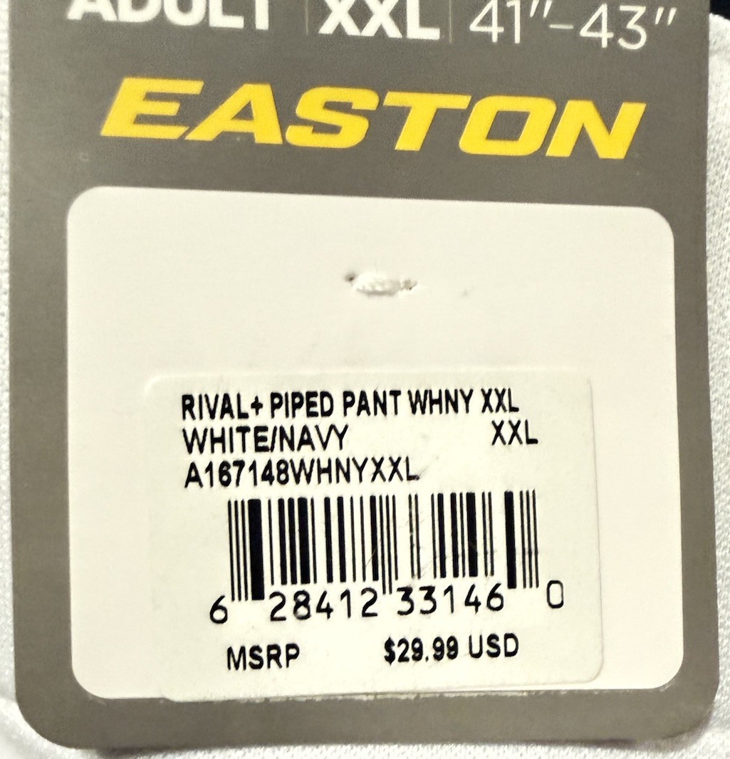 Easton Rivals Plus Men’s White With Navy Piping Full Length Baseball Pant NWT