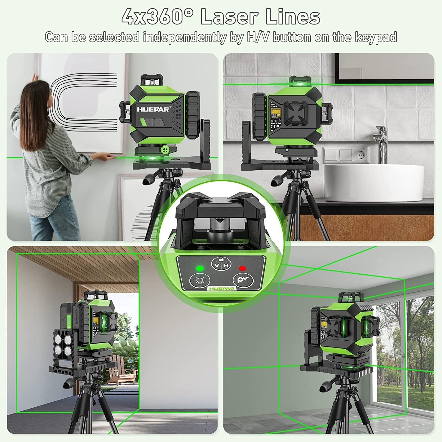 Huepar 16 Lines 4D Laser Level Self Leveling 360 Cross Line Green Beam+Receiver