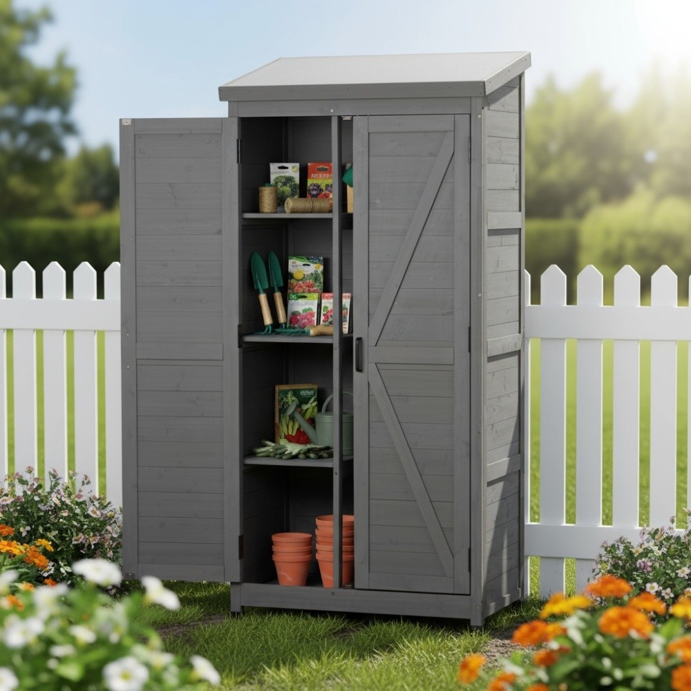 Outdoor Wooden Storage Shed W Metal Top Tall Vertical Tool Cabinet