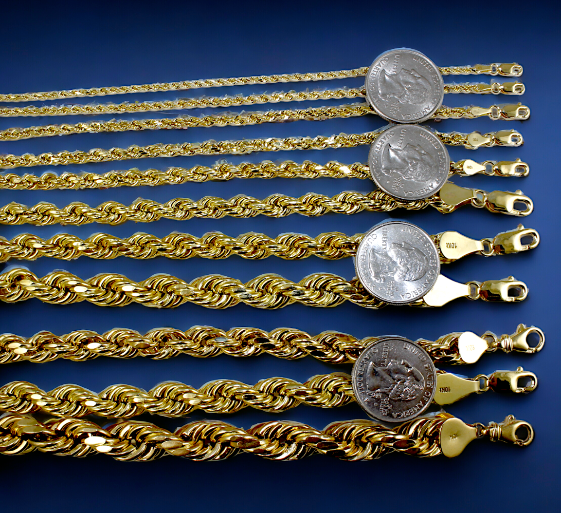 10K Yellow Gold 2mm-10mm Rope Chain Necklace Diamond Cut All Sizes Real