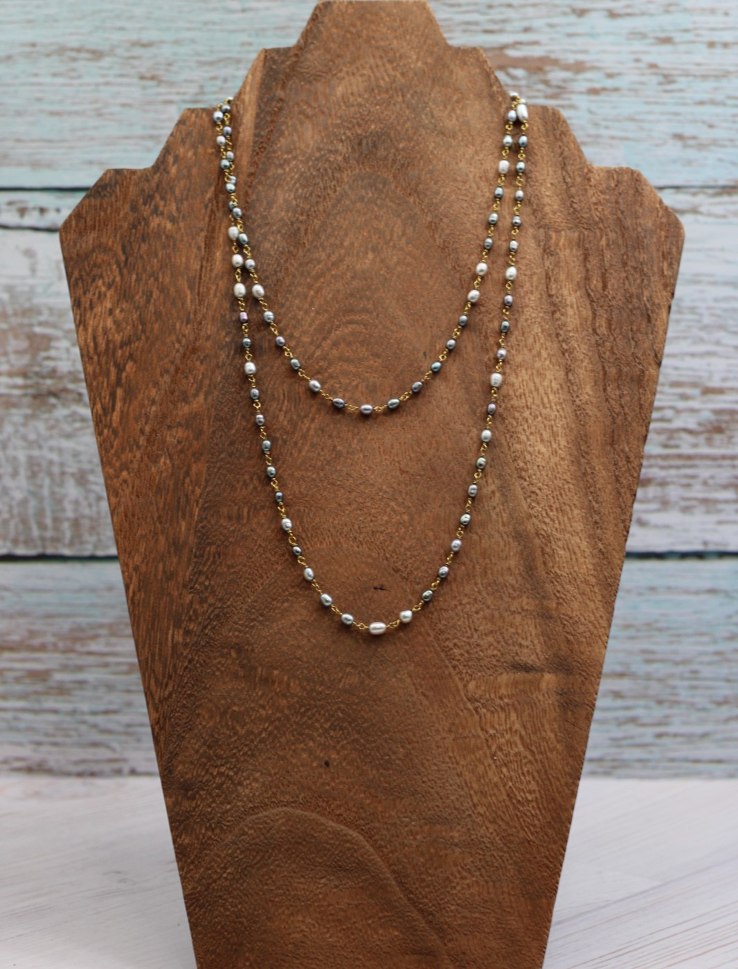 Vintage Style Gray Rice Pearl & Brass Link Necklace – 36", MSRP $120
