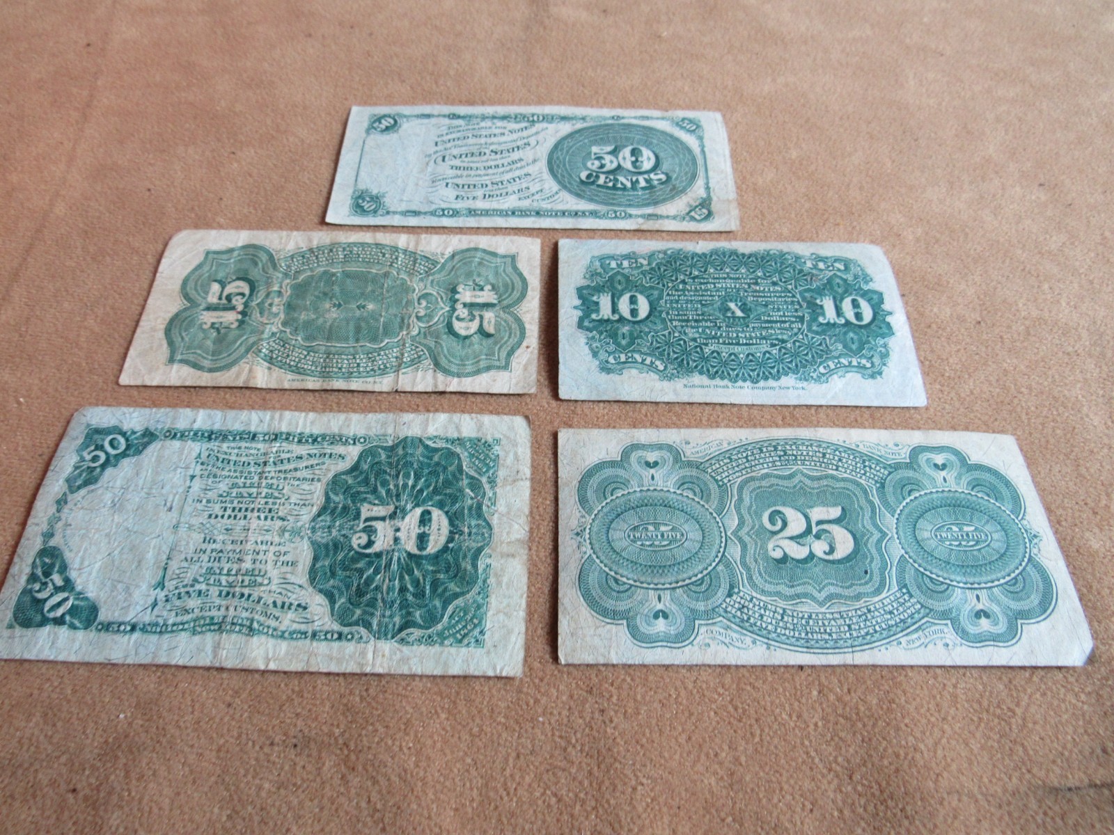 Collection of Five US Fractional Notes Series 1863 original period items