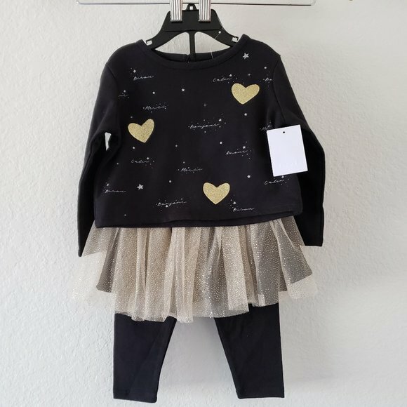 NWT - BCBG Girls’ Foil Heart Bonjour 2 Piece Tutu Leggings Set Outfit - 18mos